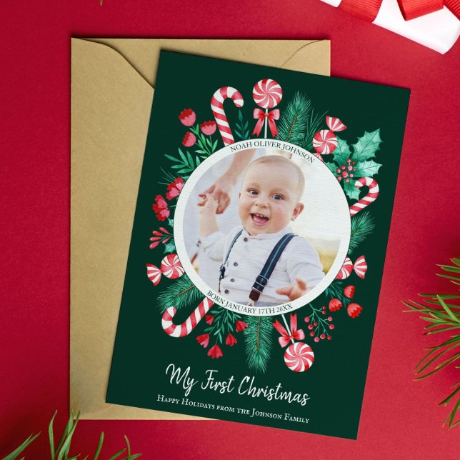 Babies First Christmas Keepsake Watercolor Holiday Card (First Christmas Baby Keepsake Christmas Holiday Card)