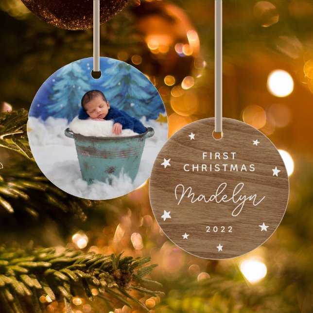 babies first christmas ornament Faux Wood Photo (Creator Uploaded)
