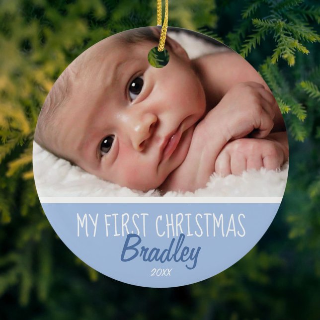 Babies First Christmas Photo Blue Ceramic Ornament (Creator Uploaded)