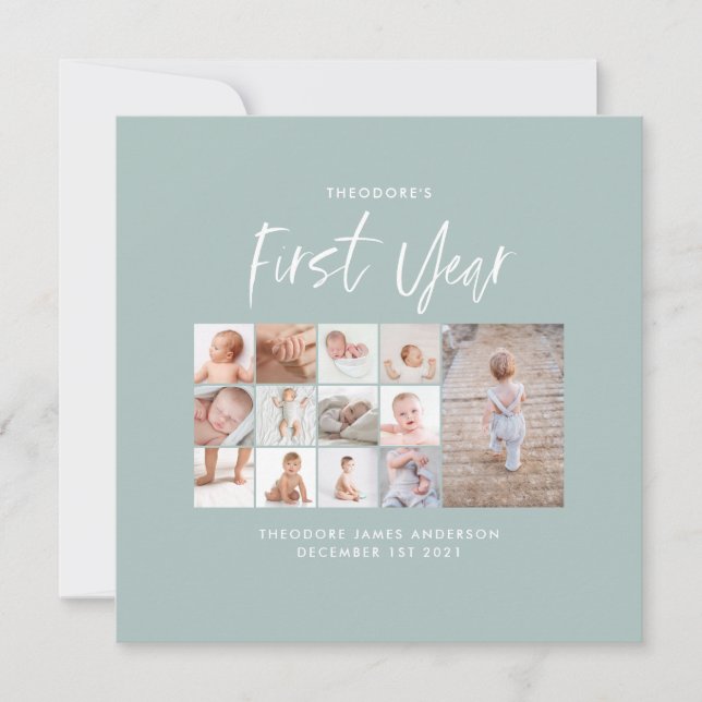 Babies first year photo collage script blue (Front)