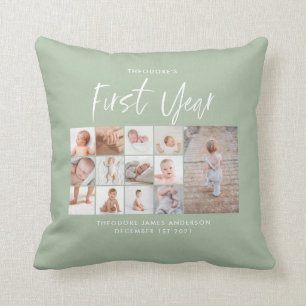 Babies first year photo collage script green faux  cushion