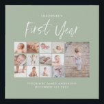 Babies first year photo collage script green faux  faux canvas print<br><div class="desc">Babies first year photo collage script sage green modern contemporary first birthday or Christmas home decor gift.</div>