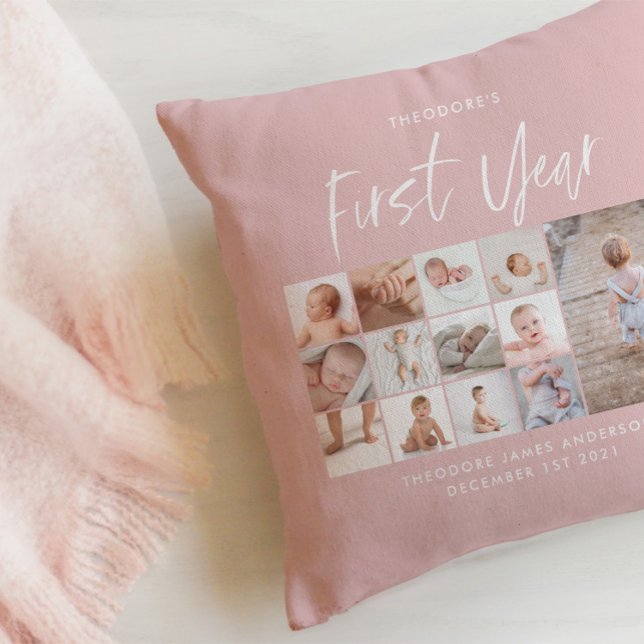 Babies first year photo collage script pink cushion (Creator Uploaded)