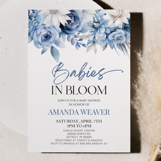 Babies In Bloom Blue Floral Multiples Baby Shower Invitation (Creator Uploaded)