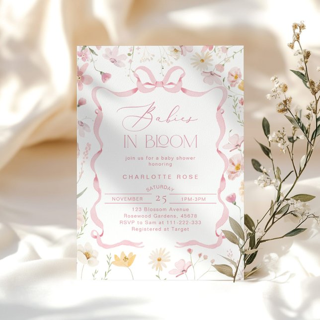 Babies in bloom Pink Bow Twin girls baby shower Invitation (Creator Uploaded)