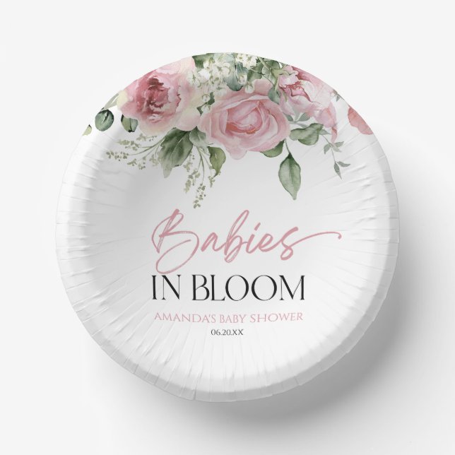 Babies In Bloom Pink Rose Floral Twins Baby Shower Paper Plate (Front)