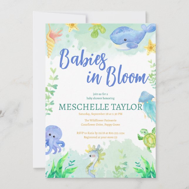 Babies in Bloom Under the Sea Blue Baby Shower Invitation (Front)