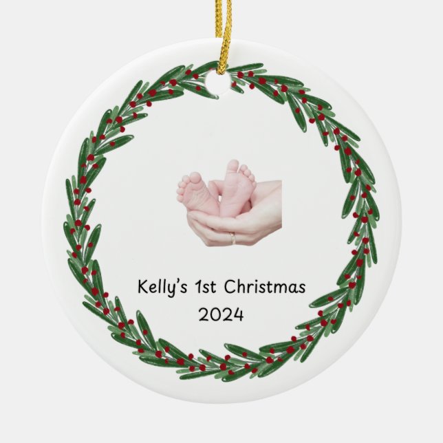 Babies (Kelly’s) 1st Christmas Custom Babies Name Ceramic Ornament (Front)