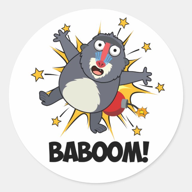 Baboom Funny Exploding Baboon Pun  Classic Round Sticker (Front)