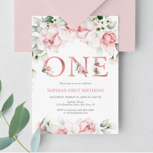 Baby 1st Birthday Blush & Rose Gold Floral Invitation