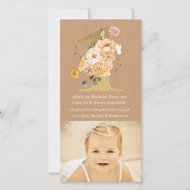 Baby 1st Birthday Number 1 Thank You Photo Card (Front)