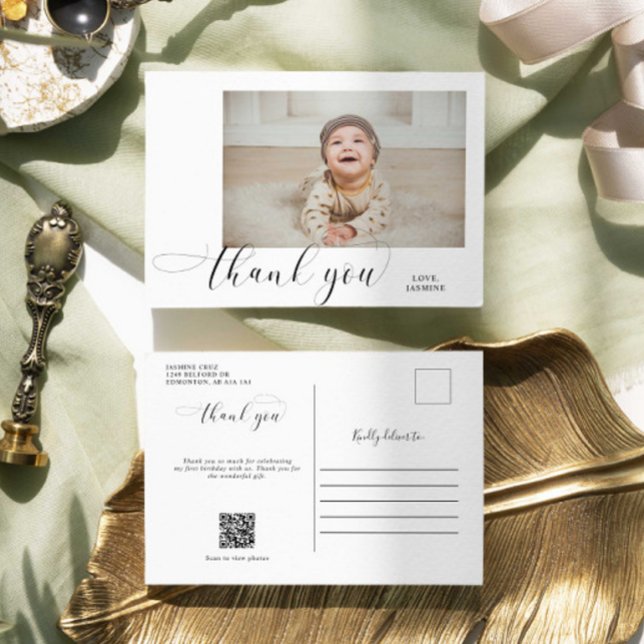 Baby 1st Birthday Thank you Elegant Script QR Code Postcard (Creator Uploaded)