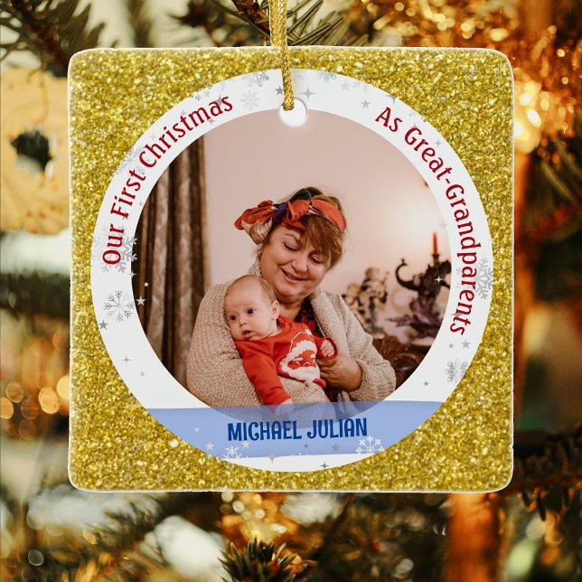 Baby 1st Christmas As Great Grandparents 2 Photos Ceramic Ornament (Elegant Modern Cute Golden Our First Christmas as Great-Grandparents Baby Boy 2 Photos Glitter)