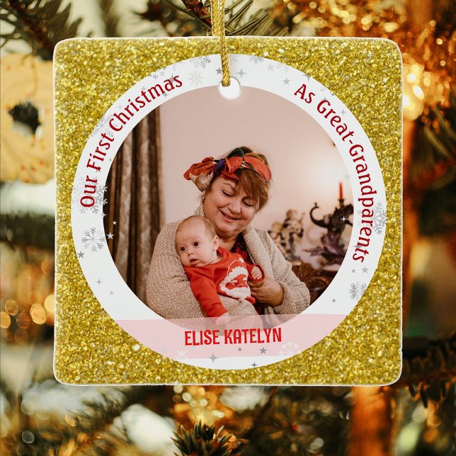 Baby 1st Christmas As Great Grandparents 2 Photos Ceramic Ornament (Elegant Modern Cute Golden Our First Christmas as Great-Grandparents Baby Girl 2 Photos Glitter)