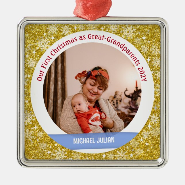 Baby 1st Christmas As Great Grandparents Golden Metal Ornament (Front)