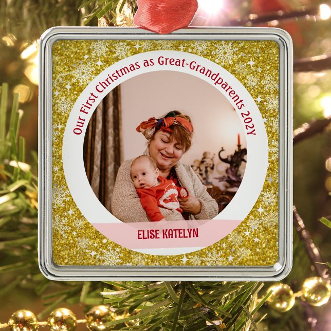 Baby 1st Christmas As Great Grandparents Golden Metal Ornament (Modern Elegant Golden Our First Christmas as Great-Grandparents Baby Girl Name 1 Photo Snowflakes)