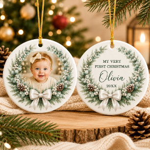 Baby 1st Christmas Bow Wreath Photo Ceramic Ornament