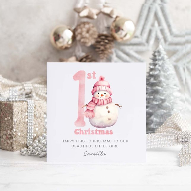 Baby 1st Christmas Cute Pink Snowman  Holiday Card (Creator Uploaded)