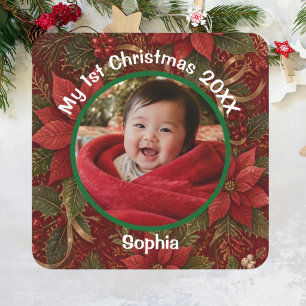 Baby 1st Christmas Floral Crimson Photo Name Year Square Sticker