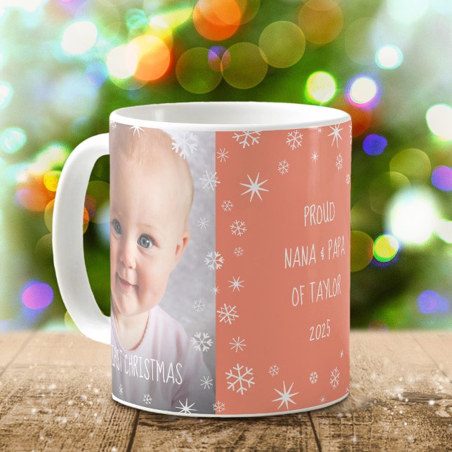 Baby 1st Christmas Grandparents 2 Photo Peach Name Coffee Mug (Creator Uploaded)