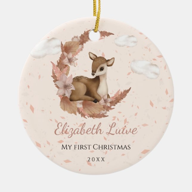 Baby 1st Christmas little Bambi Flowers Dust Cloud Ceramic Ornament (Front)