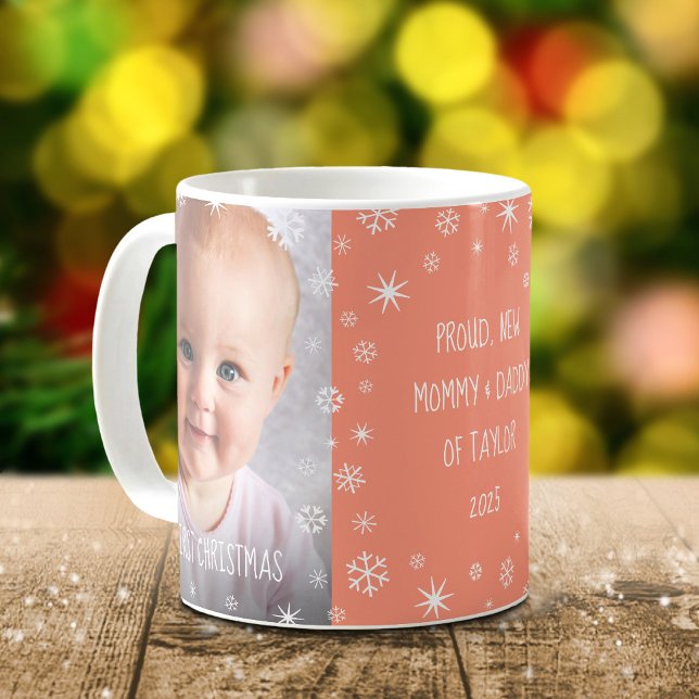Baby 1st Christmas New Mom and Dad 2 Photo Peach Coffee Mug (Creator Uploaded)