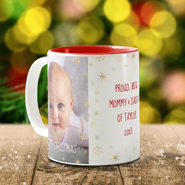 Baby 1st Christmas New Mum Dad Snowflakes Photo Two-Tone Coffee Mug (Creator Uploaded)