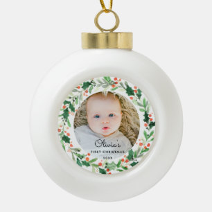 Baby 1st Christmas Photo Ceramic Ball Ornament