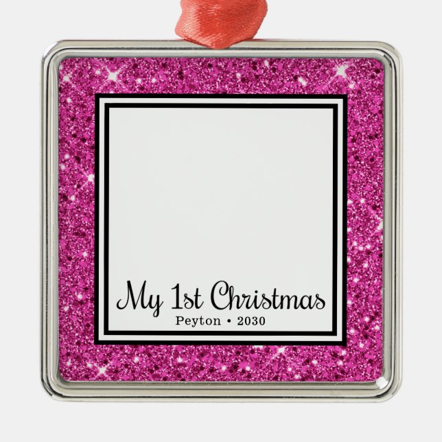 Baby' 1st Christmas Photo Pink Glitter Metal Ornament (Front)
