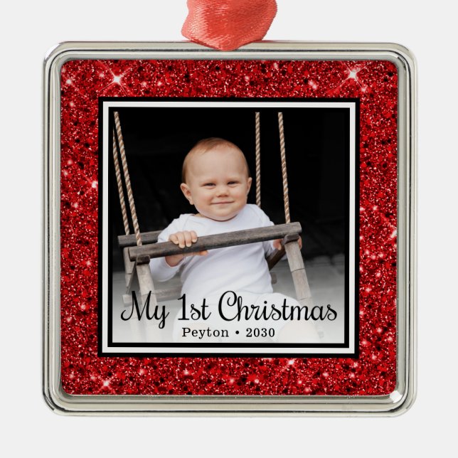 Baby' 1st Christmas Photo Red Glitter Metal Ornament (Front)