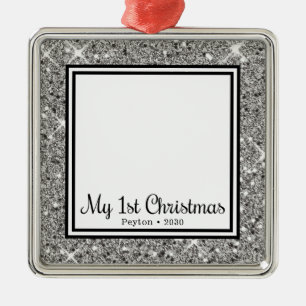 Baby' 1st Christmas Photo Silver Glitter Metal Ornament