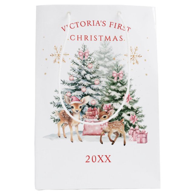 Baby 1st Christmas Pine Tree Fawn Santa Gift Bag (Front)