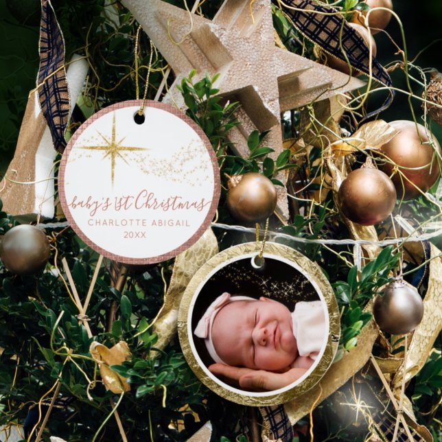 Baby 1st Christmas Pink n Gold Glitter Star Photo Ceramic Ornament (Creator Uploaded)