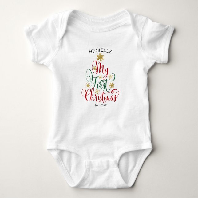 Baby 1st Christmas red green gold and white Baby Bodysuit (Front)