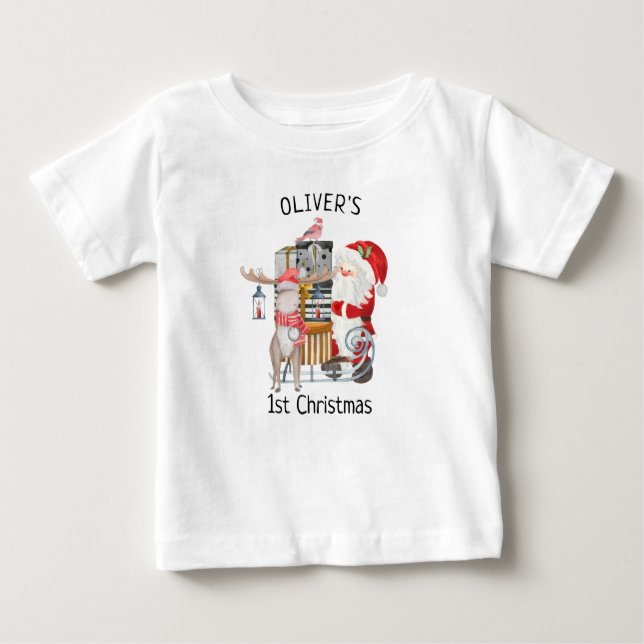 Baby 1st Christmas Santa and Reindeer with Sleigh Baby T-Shirt (Front)