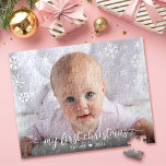 Baby 1st Christmas Script Snowflake Photo Keepsake Jigsaw Puzzle<br><div class="desc">“My First Christmas.” A playful visual of white snowflakes and handwritten script typography, overlaying the photo of your choice, help you usher in Christmas and New Year. Feel the warmth and joy of the holiday season whenever you use this stylish and modern personalised, custom jigsaw puzzle. Using the easy-to-use templates,...</div>