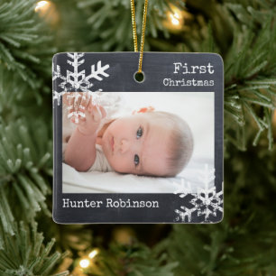 Baby 1st Christmas Snowflakes Charcoal Grey Photo Ceramic Ornament