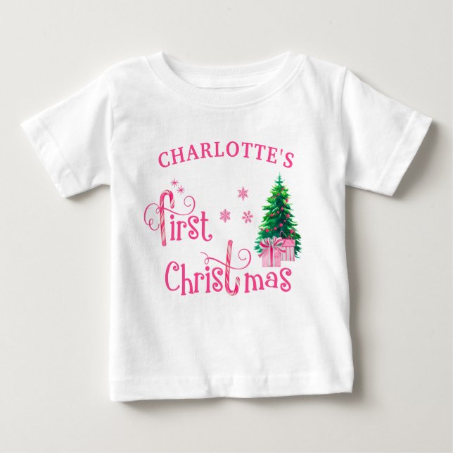 Baby 1st Christmas Tree and Pink Candy Cane Girl Baby T-Shirt (Front)