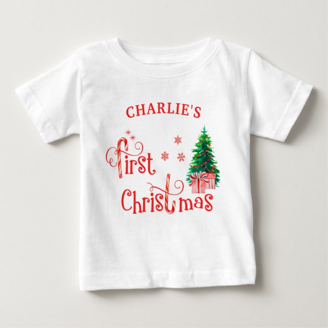 Baby 1st Christmas Tree and Red Candy Cane T-Shirt (Front)