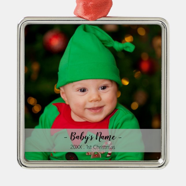 Baby 1st Christmas Year Photo Script Name Premium Metal Ornament (Front)