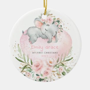Baby 1st First Christmas Blush Floral Elephant Ceramic Ornament