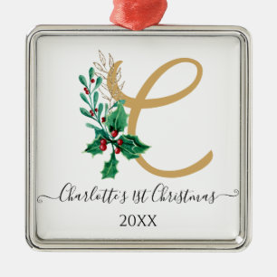 Baby 1st First Christmas Monogram Holly Berry Gold Metal Ornament