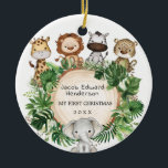 Baby 1st First Christmas Safari Jungle Animals Ceramic Ornament<br><div class="desc">This whimsical design features a group of adorable safari animals and rustic tropical greenery.</div>