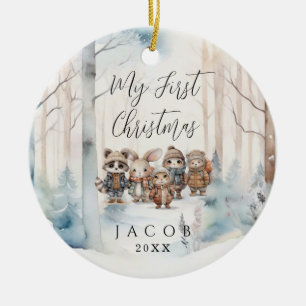 Baby 1st First Christmas Snowy Winter Woodland Cer Ceramic Ornament