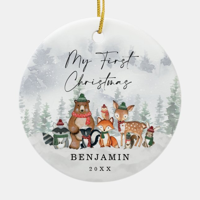 Baby 1st First Christmas Snowy Winter Woodland Ceramic Ornament (Front)