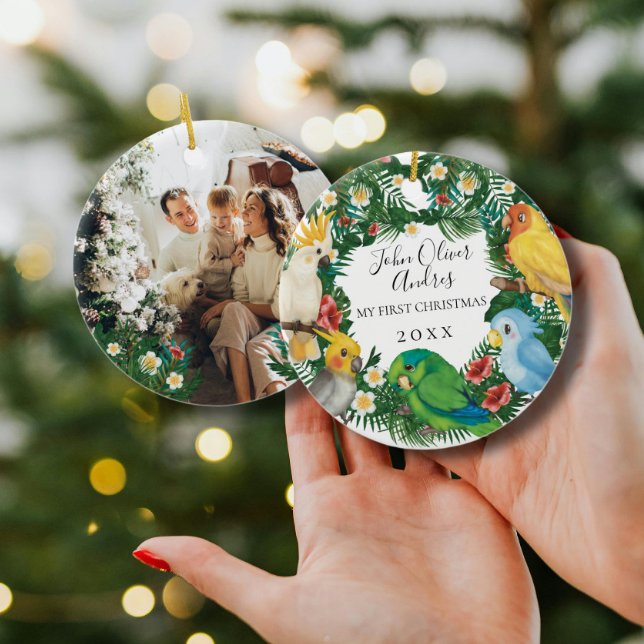 Baby 1st First Christmas Tropical Exotic Parrots Ceramic Ornament (Creator Uploaded)