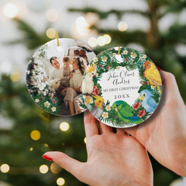 Baby 1st First Christmas Tropical Exotic Parrots   Ceramic Ornament (Creator Uploaded)