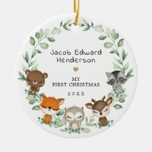 Baby 1st First Christmas Woodland Greenery Animals Ceramic Ornament