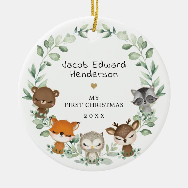 Baby 1st First Christmas Woodland Greenery Animals Ceramic Ornament (Front)