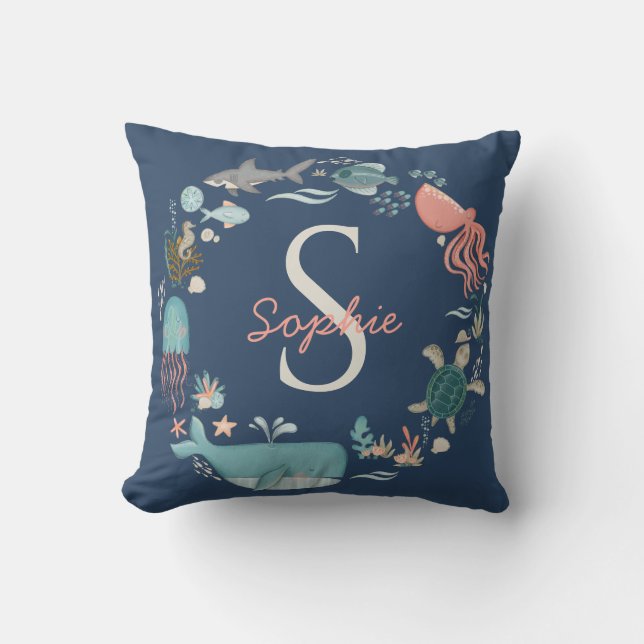 Baby 2 Names Monogram Blue Under the Sea Octopus Cushion (Front)